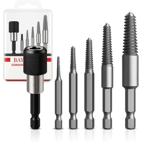 Kit de extractores de tornillos E63 (6 piezas) - Extractor para zurdos con portapuntas de cambio rápido - Destornillador, extractor para tornillos dañados y atascados - Extractor de tornillos