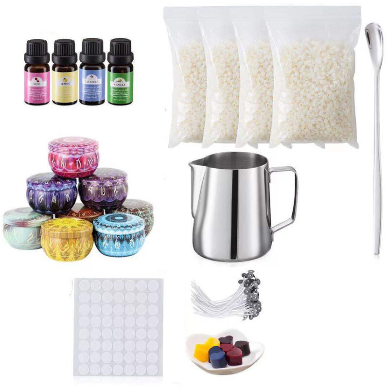 

Kit de fabricacion de velas de bricolaje Suministros con velas de colores Latas de cera de abejas 50PCS Mechas de velas Mechas de tintes de velas