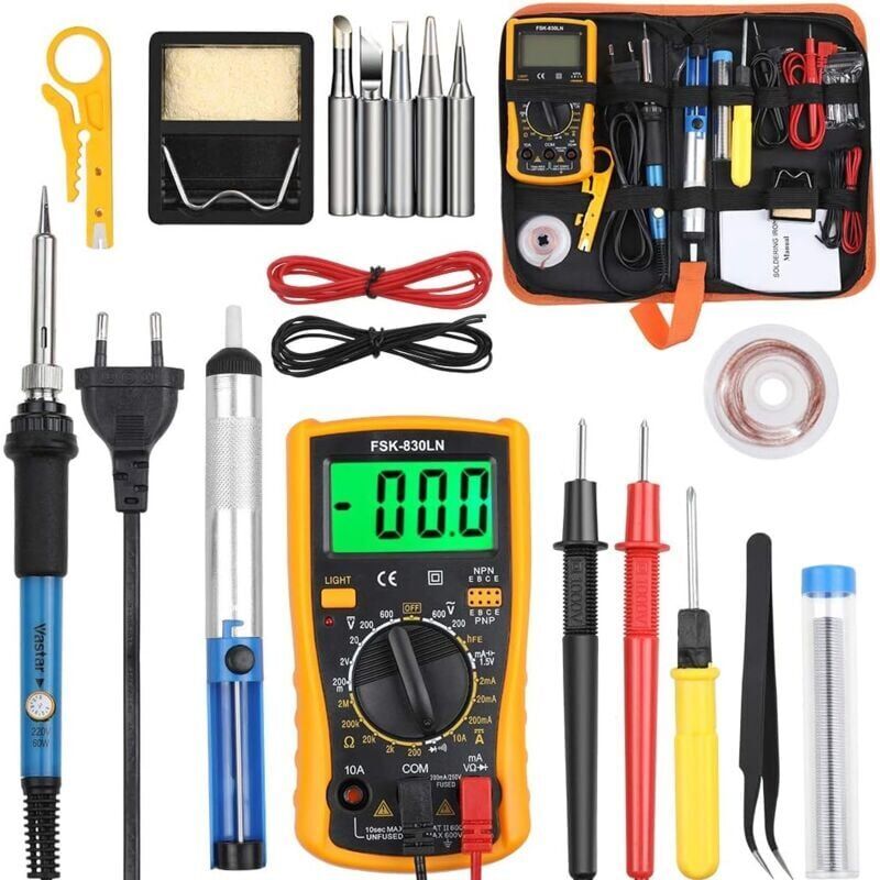 Ikodm - Kit de Fer à Souder - 60W - Température Réglable de 200450℃ - Multimètre - 5PCS Conseils de soudage - Fer à souder étain - Fil de Soudure