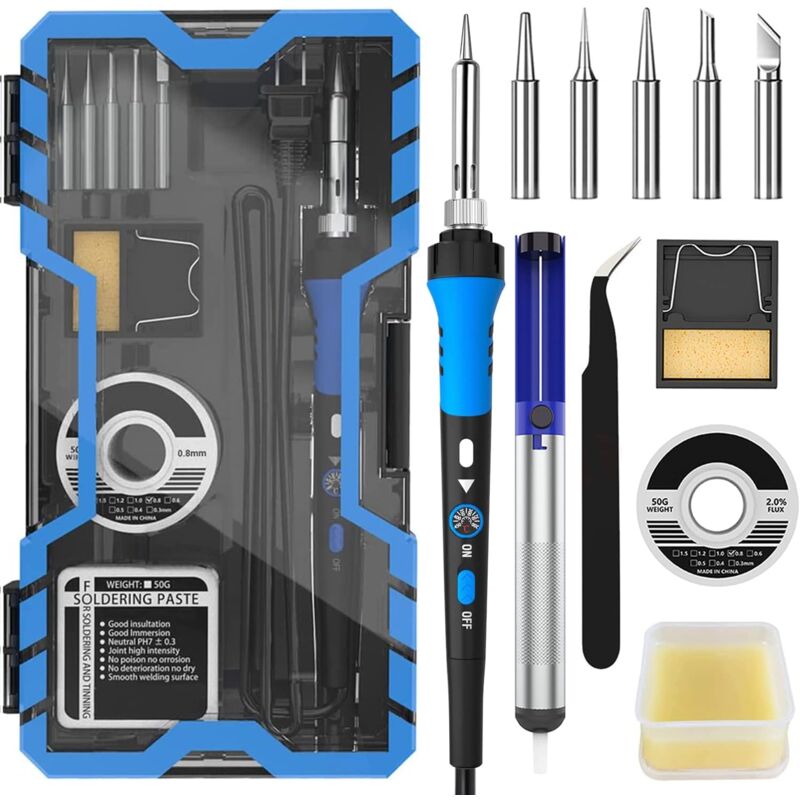Kit de fer à souder électrique réglable bande tempérée, ensemble de 8, fer à souder tempéré bleu