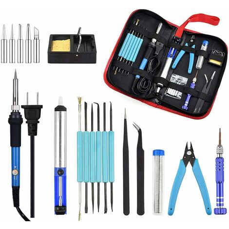 Kit de fer à souder, outil de soudage à température réglable 60W pour l'électronique, avec pompe à dessouder Support de fer à souder Tournevis Pince à fil en étain Sac de rangement