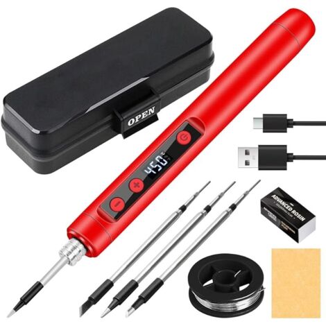 Kit de fer à souder sans fil, fer à souder USB avec écran LCD, température réglable de 180 °C à 450 °C, élément chauffant en céramique, mini fer à souder avec 3 pannes et fil à souder