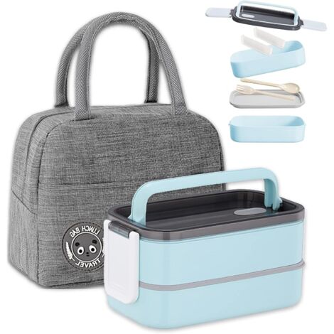 Kit de fiambrera Bento, fiambrera hermética de doble capa de 1400 ml con cubiertos y bolsa isotérmica, para picnics, trabajo, meriendas, fiambrera Bento apta para microondas (azul)