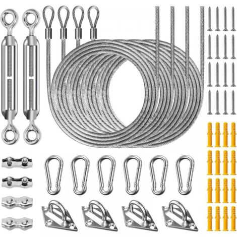 Kit de fijación para toldos de patio (52 piezas), acero inoxidable 304, incluye tensor de ajuste y cuerda de acero de 2 m.
