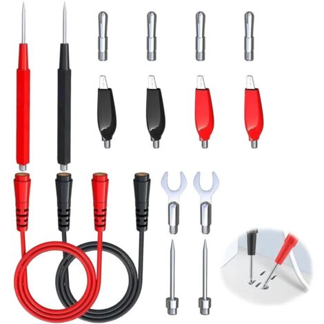 Kit de Fils de Test Multimètre 16 Pièces avec Pince Crocodile et Fiches Banane 4mm Sondes de Test Isolées Pointe de Touche Multimètre Remplaçable pour Diagnostic Automobile et Test Électrique Pro