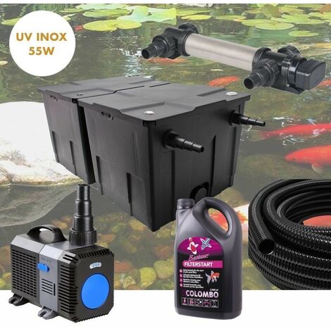 Kit De Filtration Complet Avec UV 55W INOX + Bactéries 2500 ml Pour Bassin De Jardin De 30m3