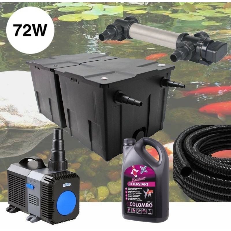 Kit De Filtration Complet Avec uv 72W inox + Bactéries 2500 ml Pour Bassin De Jardin De 30m3