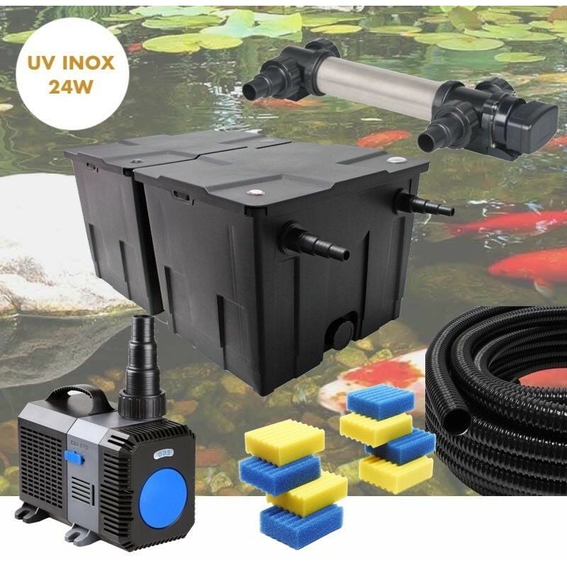 Kit De Filtration UV 24W INOX + 8 mousses de rechange Pour Bassin De Jardin De 15 m3 avec poissons