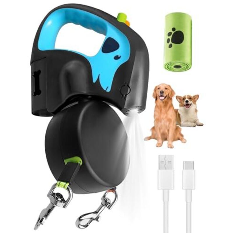 Laisse Double Rétractable pour 2 Chiens Jusqu’à 20kg, 3m Longe Extensible en Nylon Anti-Enchevêtrement 360°, Poignée Antidérapante, Lampe Torche