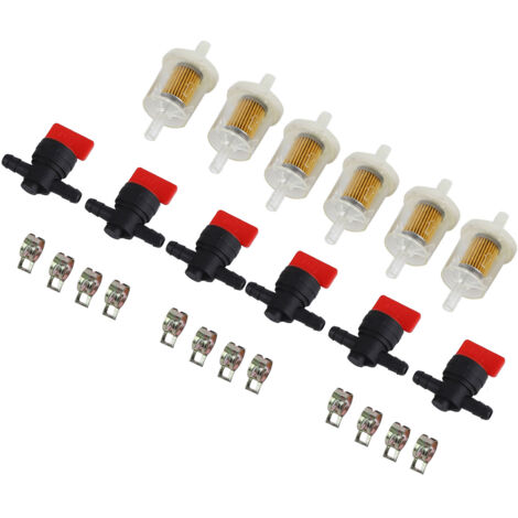 Kit de filtros para carburador, válvulas de cierre y abrazaderas para desbrozadoras y cortacéspedes: 6 filtros, 6 válvulas, 12 abrazaderas de metal y plástico.