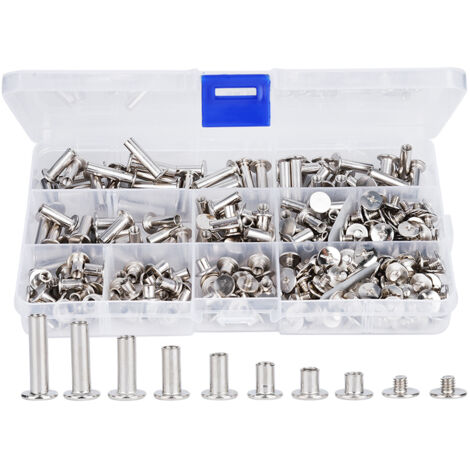 Kit de fixation combiné de 320 pièces comprenant vis, écrous, rivets à tête plate et quincaillerie en fer nickelé.