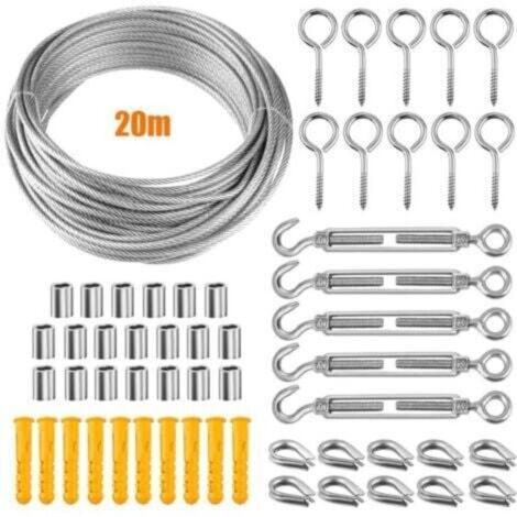 Kit de fixation d'auvent, Kit de matériel de voile d'ombrage avec câble métallique de 20 m, Kit de fixation de voile d'ombrage en acier inoxydable pour jardin