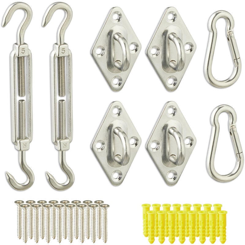 Kit de fixation pour voile d'ombrage, 40 pièces, acier inoxydable, tendeurs, mousquetons, œillets, argenté - Relaxdays
