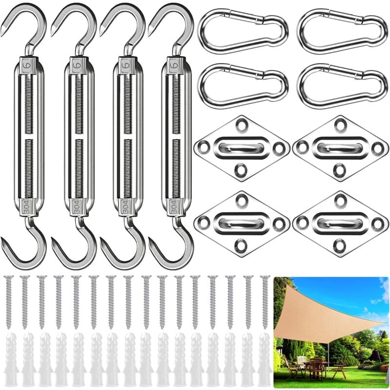 Kit de Fixation Voile d'ombrage,44Pcs Kit de Montage Fixations d'ombrage de Voile,Acier Inoxydable 304 Kit Accessoires de Fixation de matériel,Kit de
