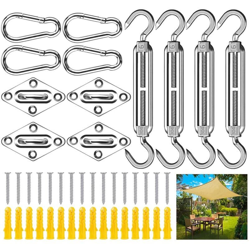 Kit de Fixation Voile d'ombrage,44Pcs Kit de Montage Fixations d'ombrage de Voile,Acier Inoxydable 304 Kit Accessoires de Fixation de matériel,Kit de