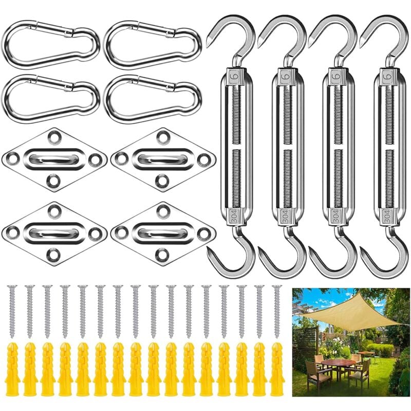 Kit de Fixation Voile d'ombrage,44Pcs Kit de Montage Fixations d'ombrage de Voile,Acier Inoxydable 304 Kit Accessoires de Fixation de matériel,Kit de