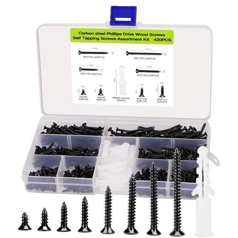 Kit de fixations assorties de vis à bois à tête plate M3 420 pièces, tournevis cruciforme, vis taraudeuses à tête fraisée, acier au carbone, comprend