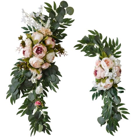 Kit de fleurs artificielles pour arche de mariage, lot de 2 tonnelles de pivoines blanches avec feuilles d'eucalyptus, décoration florale pour Cérémonie Fête Réception, Rose