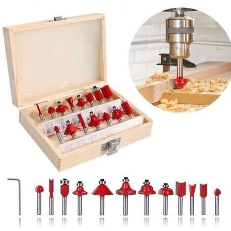 Kit de Fraises à Araser Fraises defonceuse 6,35mm Coffret de 15 Fraises à Rainurer Bois en Carbure de Tungstène avec Tige, avec Boîte Coffret Fraise Défonceuse Pour Bois couleur assortie