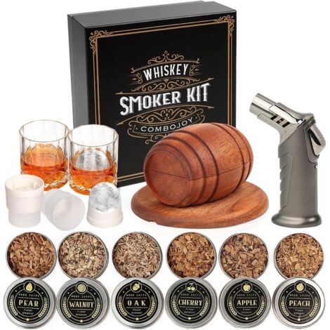 IKODM Kit de Fumoir pour Whisky avec Chalumeau - 6 arômes de copeaux de bois, 2 Verres, 2 Moules à Glaçons Sphériques - Kit Fumoir Cocktail, Cadeau homme, anniversaire, fête des pères, Noël (Sans Butane)