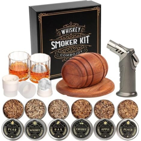 INEASICER Kit de Fumoir pour Whisky avec Chalumeau - 6 arômes de copeaux de bois, 2 Verres, 2 Moules à Glaçons Sphériques - Kit Fumoir Cocktail, Cadeau homme, anniversaire, fête des pères, Noël (Sans Butane)