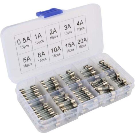 Kit de fusibles de vidrio surtidos (150 unidades), cartuchos de vidrio de 5 x 20 mm, fusibles de fusión rápida para coche (0,5 A, 1 A, 2 A, 3 A, 4 A, 5 A, 8 A, 10 A, 15 A, 20 A)