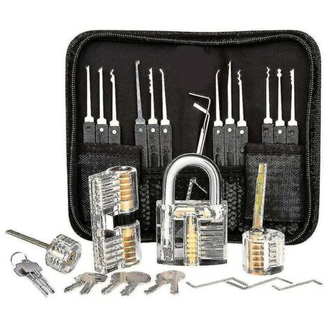 Kit de ganzúas de 25 piezas - Herramienta práctica + 3 cerraduras transparentes - Aprendizaje y reparación - Uso profesional y para bricolaje