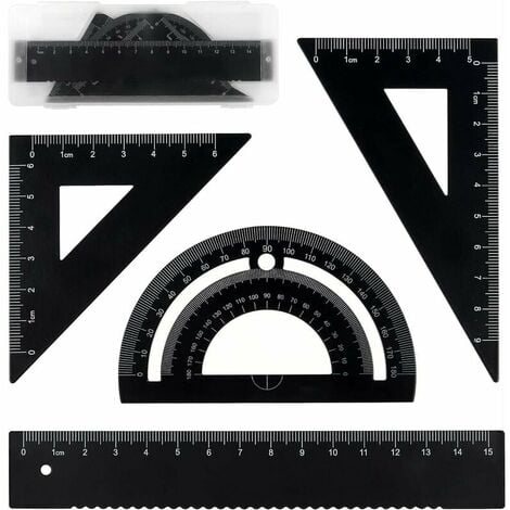 XINUY Kit de geometría de metal, 4 piezas, regla de 15 cm, transportador de 180°, cuadrado de 60°, cuadrado de 45°, útiles escolares para estudiantes de dibujo, en caja de almacenamiento (negro)