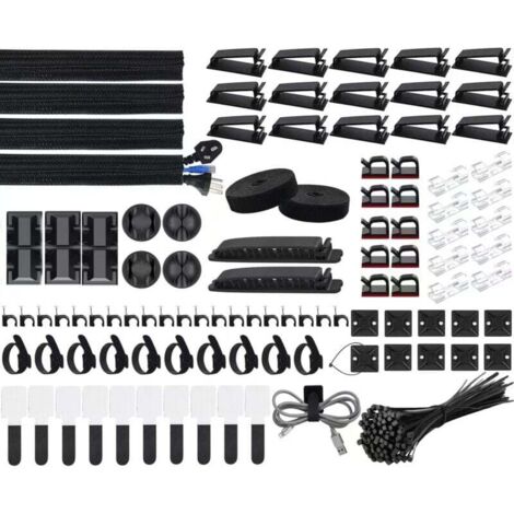 Kit de gestión de cables de 200 piezas, 4 fundas para cables, 3 clips organizadores de cables de escritorio, 10+2 bridas para cables, 15 clips adhesivos para cables, 100 abrazaderas para cables
