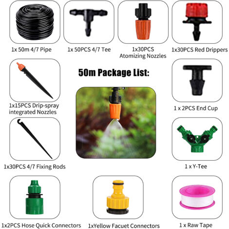Kit de goutte à goutte DIY et irrigation par aspersion 164ft avec tuyau, raccords rapides et système d'arrosage automatique pour plantes en pot, serre, patio et plates-bandes