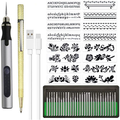 Kit de grabado inalámbrico y recargable para bricolaje con lápiz de micrograbado para metal, vidrio y plástico, incluye 30 puntas y 1 lápiz trazador, color plateado