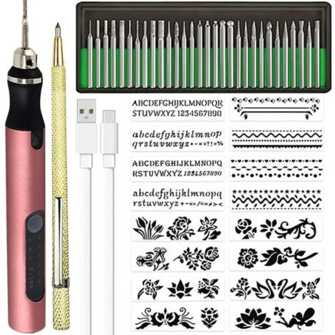 Kit de grabado inalámbrico y recargable para bricolaje con lápiz de micrograbado para metal, vidrio y plástico, incluye 30 puntas y 1 lápiz trazador, color rosa