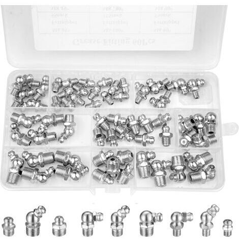 Kit de graisseurs à visser 60 pièces –M6, M8, M10 –Raccords droits 45° 90° 180° –Boîte plastique pour rangement et transport