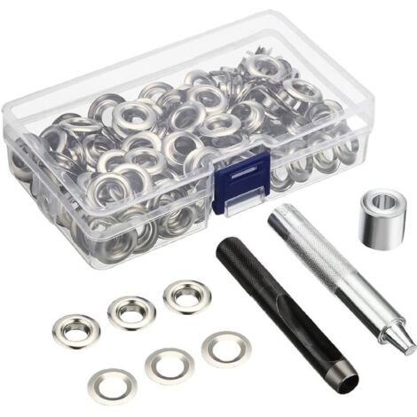 Kit de Grommets Eyelets Outils 12 mm 100 Ensembles Oeillets avec 3pcs Grommet Outils à Oeillet et Boîte de Rangement pour Bâche en Tissu Bricolage Craft