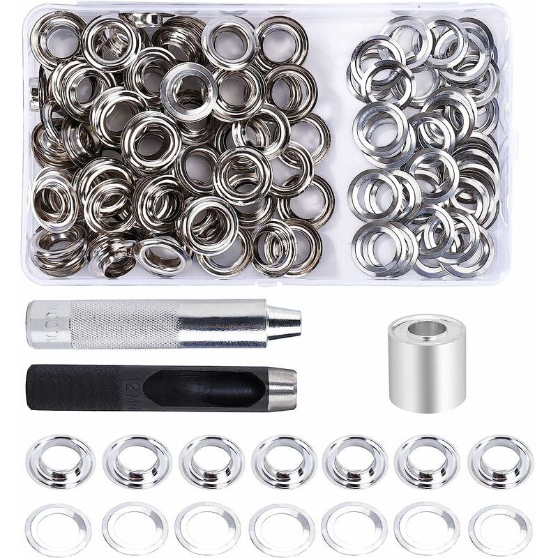 Lucky-88 - Kit de Grommets Eyelets Outils 12 mm 100 Ensembles Oeillets avec 3pcs Grommet Outils à Oeillet et Boîte de Rangement pour Bâche en Tissu
