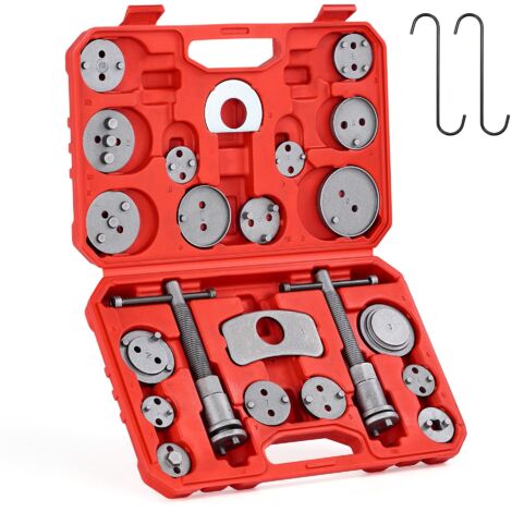 Kit de herramientas de 24 piezas para rebobinado de pistones de pinzas de freno con pernos de empuje, placas de retención, soportes de pinza, 18 adaptadores de disco, herramientas de mecánico con estu