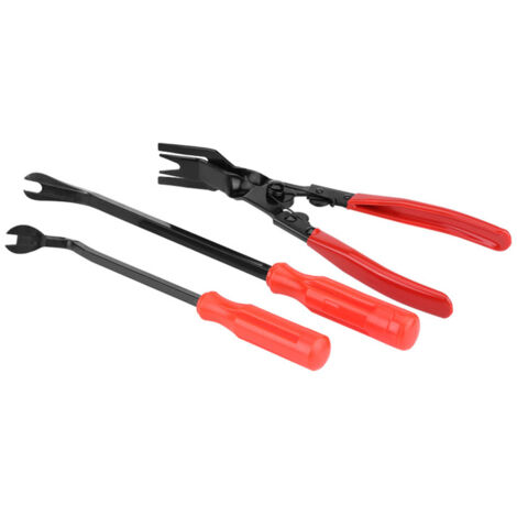 Kit de herramientas de 3 piezas para remaches y clips de molduras de puertas: alicates, extractor y palanca.