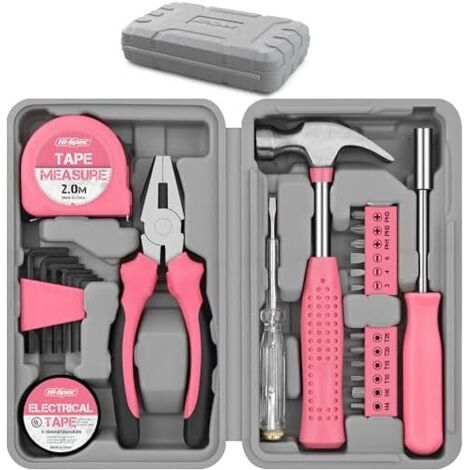Kit de herramientas de bricolaje rosa de 24 piezas para mujer. Caja de herramientas pequeña, ideal para principiantes, para el hogar y la oficina.