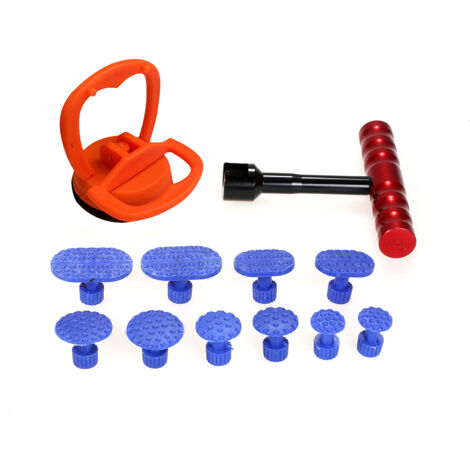 Kit de herramientas para reparación de abolladuras sin pintura: 1 extractor de abolladuras rojo con 10 tiras adhesivas de plástico y 1 elevador de ventanas con ventosa para automóviles.