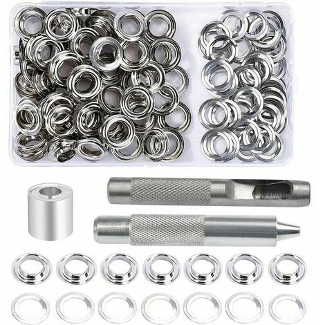 Kit de ilhós de ilhós, 100 conjuntos de ilhós de 12 mm, kit de reparo de lona, com ferramentas de ilhós de 3 peças Kit de ilhós para lona, tecido, cortinas e fabricação