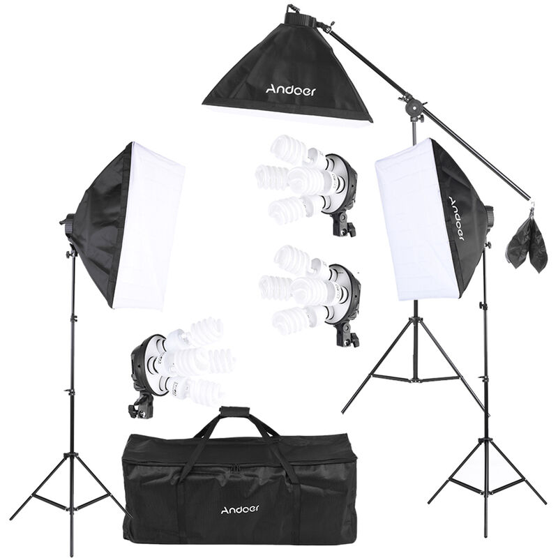 

Kit de iluminacion de video fotografico de estudio Andoer con bombilla de 12 * 45 W / enchufe de bombilla 3 * 4 en 1/3 * caja de luz / 3 * soporte de