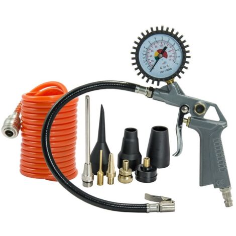 Kit de Inflado, Pistola con Manómetro, Manguera 3M + 8 Accesorios.