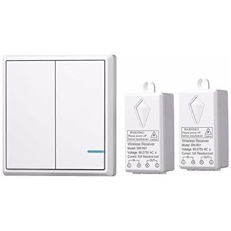 READCLY Kit de interruptor de luz inalámbrico, 1 interruptor doble + 2 receptores, no requiere cableado, fácil de instalar