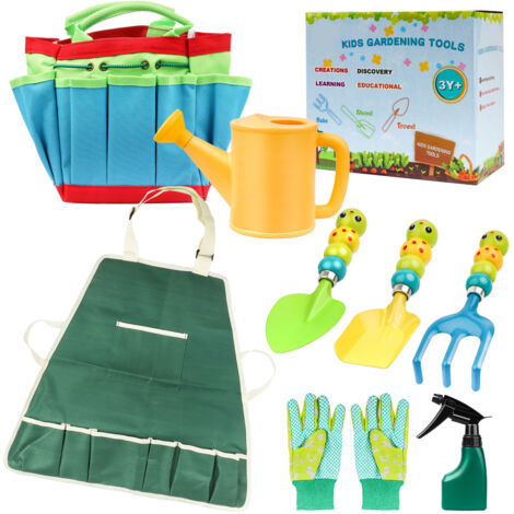 Kit de jardinage pour enfants (9 pièces) : gants, sac, arrosoir, vaporisateur, tablier, pelle, râteau.