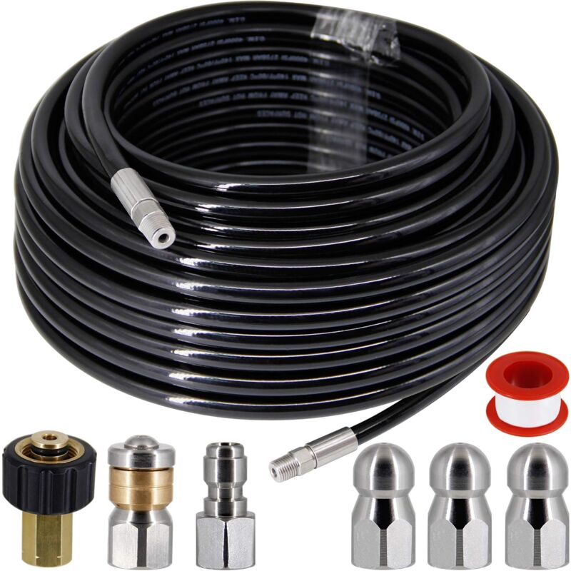 Kit de jet d'égout pour nettoyeur haute pression - tuyau de 100 pieds, 1/4 pouce NPT, tuyau de nettoyage de drain, buse de jet d'égout rotative et à