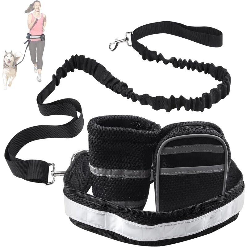 Kit de Laisse de Chien Courir Idéal pour Course à Pied , Jogging et Marche --Laisse Mains Libre , Deux Pochettes , Ceinture Réglable Haute noir