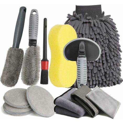 Kit de limpieza de coche de 12 piezas, kit de limpieza de lavado de coche de microfibra profesional, cepillo de rueda y llanta, paños de limpieza, guantes de lavado, esponja