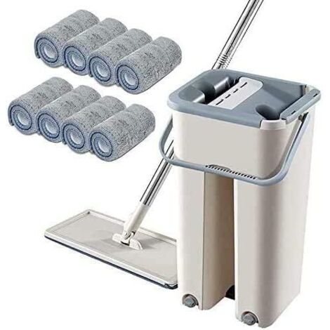 Kit de limpieza de suelos 2 en 1, mango telescópico giratorio de 360°, mopa plana autolimpiante con 10 almohadillas de microfibra y cubo de limpieza