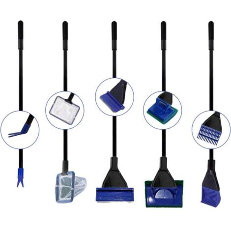 Kit de limpieza para acuarios KZQ 5 en 1, herramienta para limpiar peceras de cristal: red de aterrizaje, rastrillo para grava, raspador de algas (acero inoxidable), tenedor para plantas y esponja de 