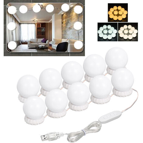 Kit de luces LED para espejo, con 10 bombillas, 3 modos de iluminaci&oacute;n, cadena de luces USB para espejo